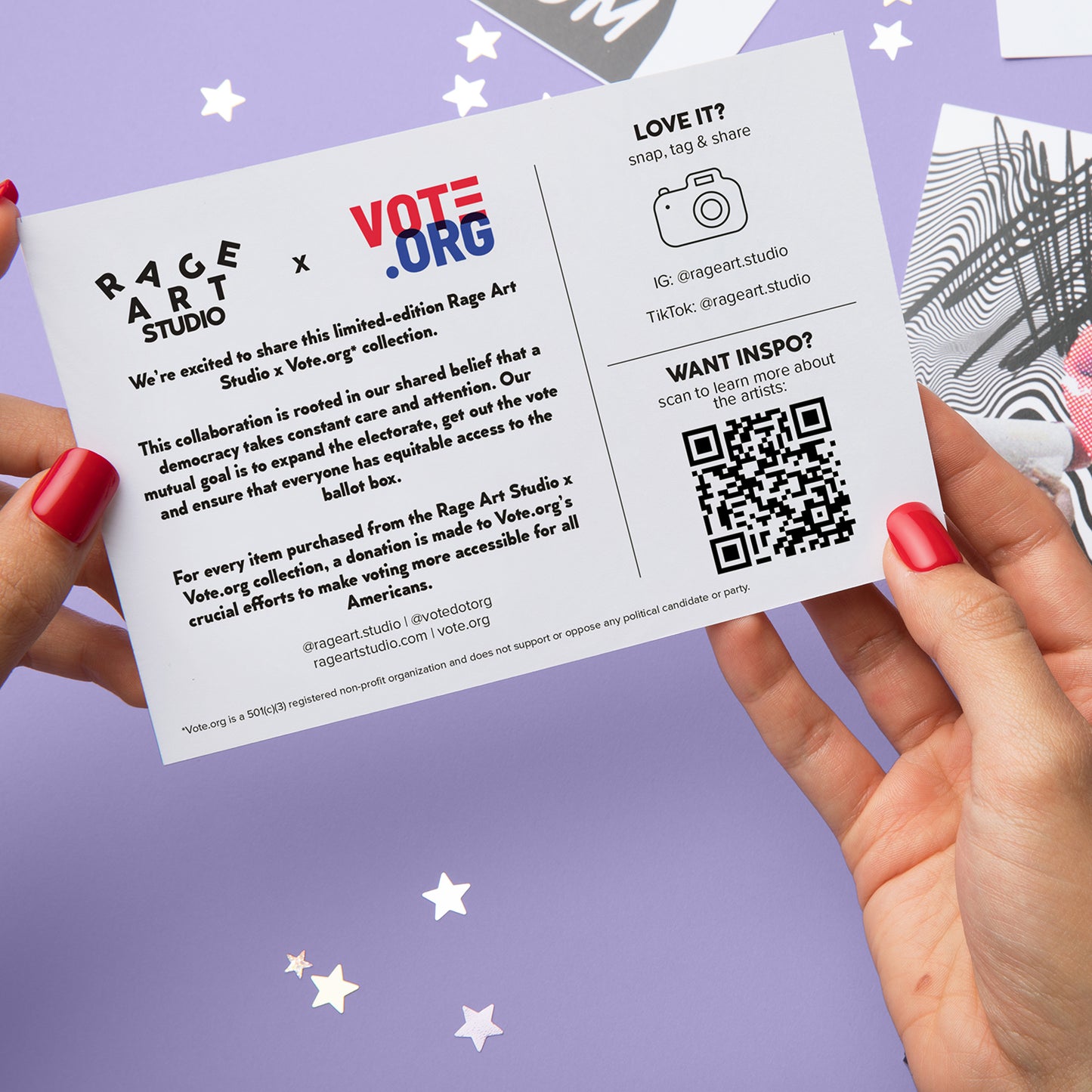 Image of the package insert that gives more details on the Rage Art Studio and Vote.org partnership.