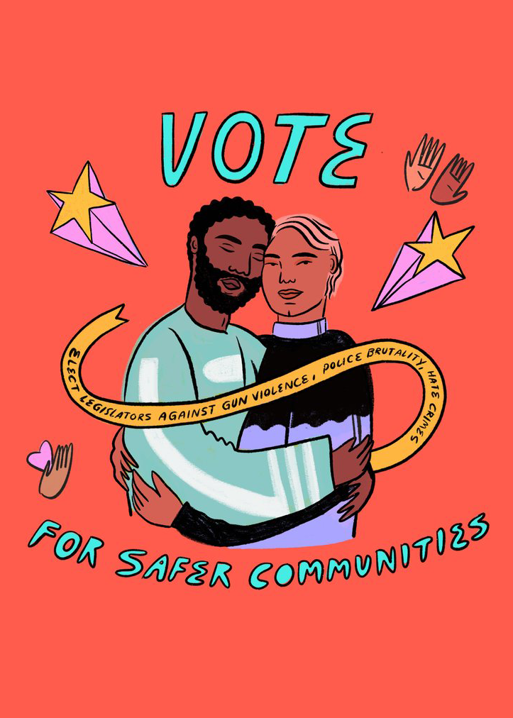 Illustration titled "Vote for Safer Communities" colored in for illustration and inspiration purposes