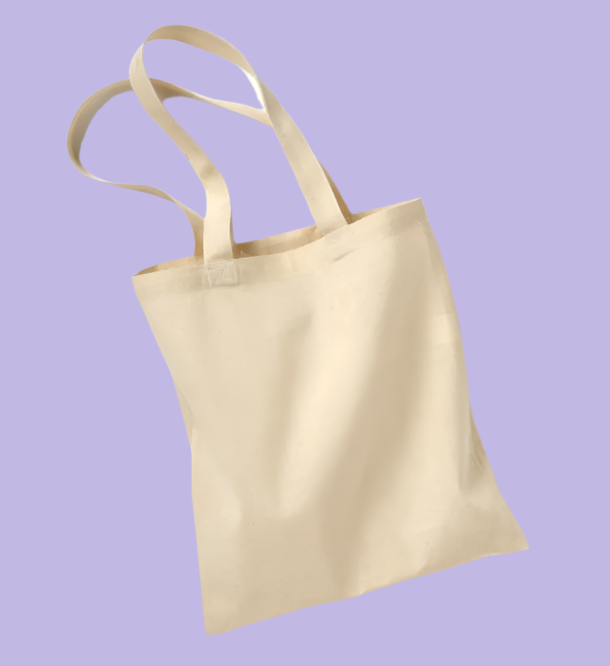 Beige tote bag, plain background. This is the reverse side of the tote with nothing printed on it.