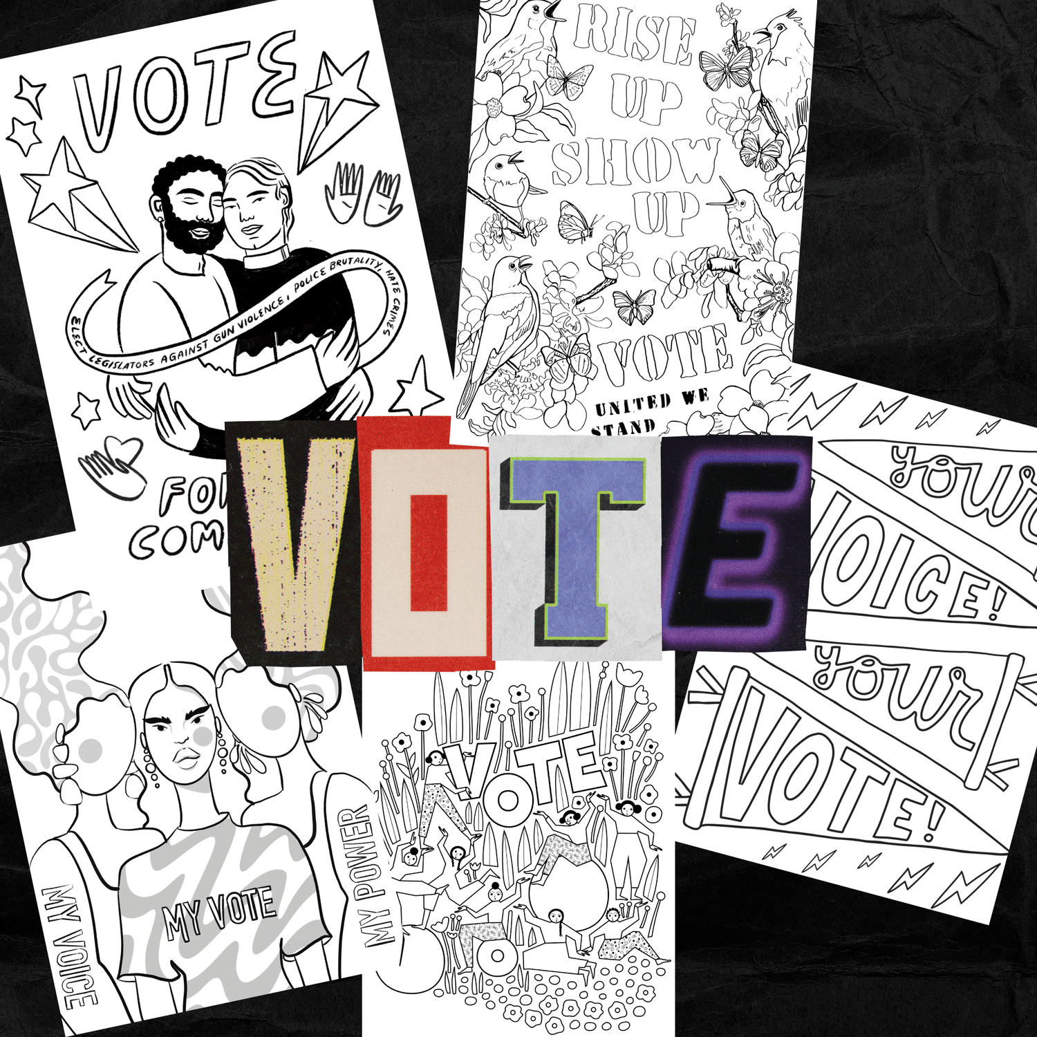 A collage image of the 5 voting themed postcards with the word "VOTE" in the middle