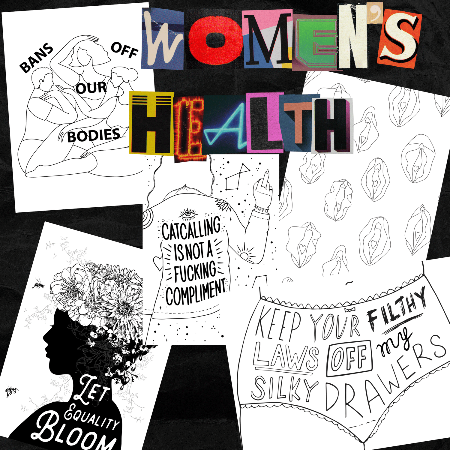 A collage image of the 5 women's health themed postcards with the words "women's health" on top of the image.