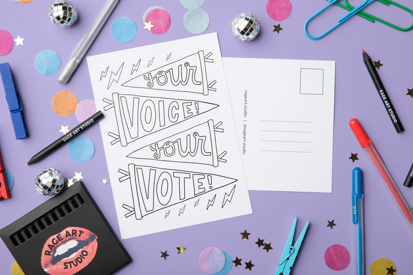 Image of "Your Voice Your Vote" post card showcasing the back side which includes lines for an address and place for a stamp to go in order to mail this card to your friends!