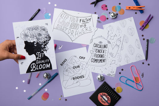 An alternate/zoomed out image of the 5 black and white postcards with the women's health and bodily autonomy theme. The 5 images pictured are: "Let Equality Bloom", "Keep Your Filthy Laws Off My Silky Drawers," "Bans Off Our Bodies", "Catcalling Is Not a Fucking Compliment" and "Vulva"